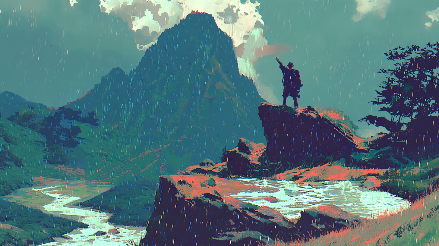 Hiker yelling at mountain in the rain