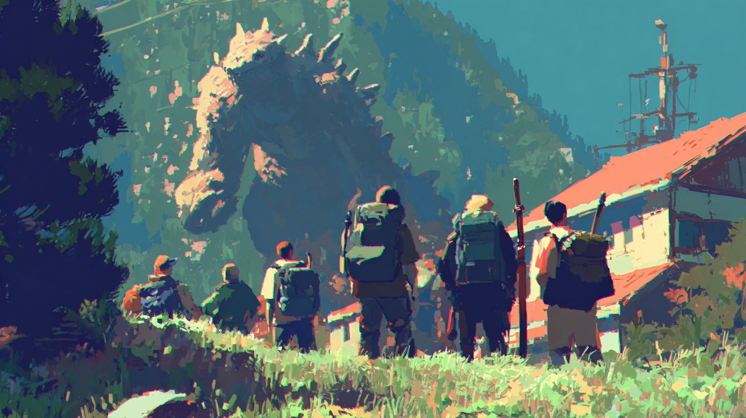 Hikers facing a mountain kaiju